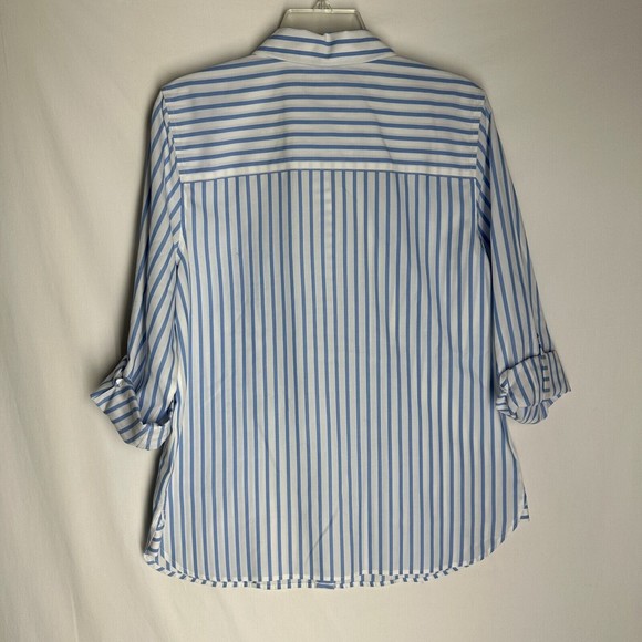 Chicos NO-IRON Button Up Shirt Blouse Size Medium Roll Sleeve Tap Cotton Striped - Picture 2 of 8